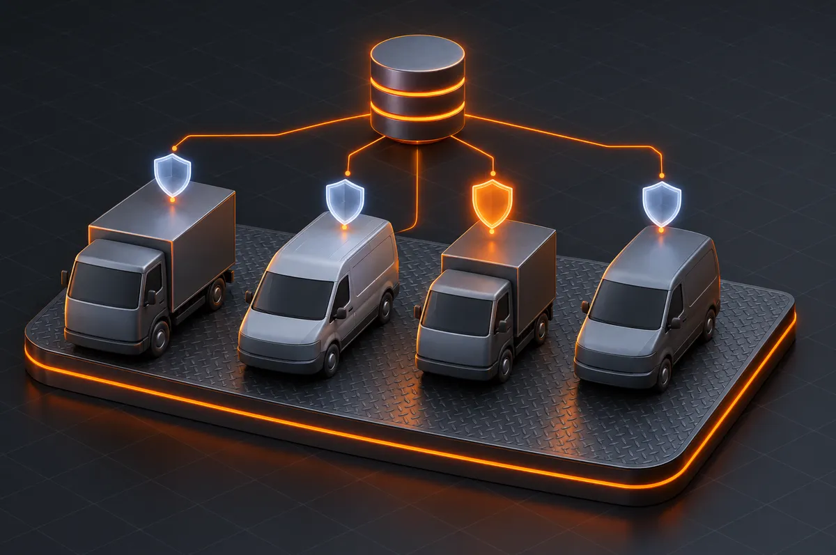 Delivery vans and box trucks on a platform, each with a coverage shield linked to one central database